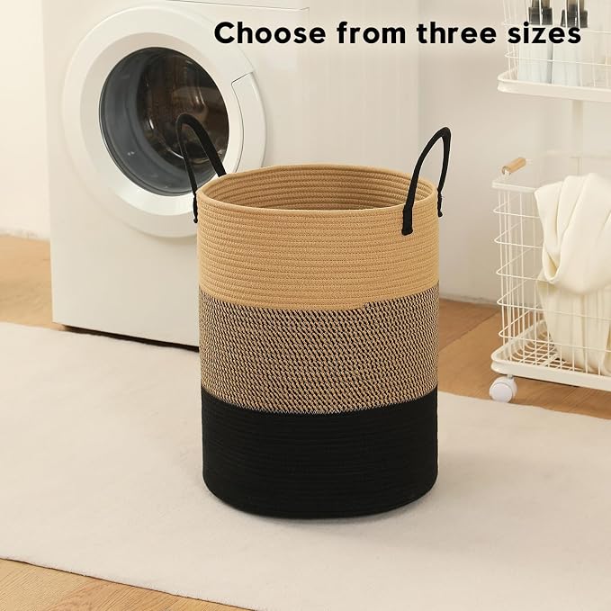 Laundry Basket Hamper Tall Rope Storage Woven for Blanket toys Dirty Clothes in Living Room Bathroom Bedroom (Jute Brown & Black, 60L/15.8Gal)