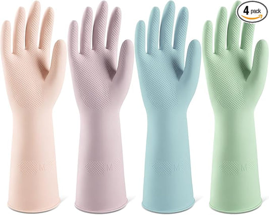 ThxToms 4 Pairs Reusable Rubber Gloves, 13" Natural Latex, 10mil Thick Heavy Duty Dishwashing & Cleaning Gloves, Non-Slip Grip, Multi-Color, Ideal for Kitchen, Bathroom, Car, & Garden Cleaning, Small
