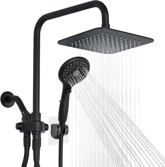 VXV 8'' High Pressure Rainfall Shower Head with 6 Function Handheld Shower Spray, Dual Shower Head Combo with Adjustable Slide Bar, Luxury Matte Black