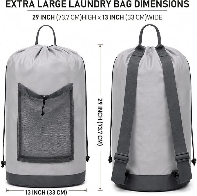 Backpack Laundry Bag, Durable polyster Laundry Backpack Bag with Shoulder Straps, Drawstring Closure & Mesh Pocket, Large Clothes Hamper for Dorm, Travel, Laundromat (Gray)