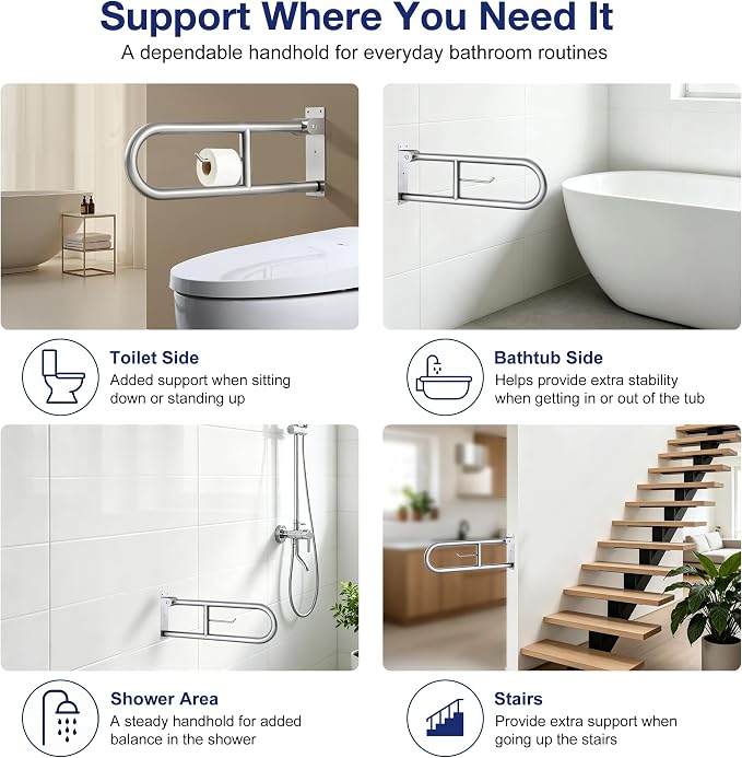 24 Inch Toilet Grab Bar with Paper Holder, Flip Up Handrail | Brushed 304 Stainless Steel | Wall mount | 1.25 inch grip | Space saving fold up design | Template & hardware included