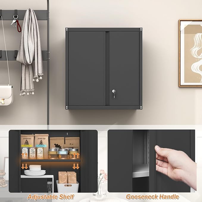 GREATMEET Metal Garage Storage Cabinet with Lock, Metal Wall Cabinets for Garage, Wall Mount Cabinet, Upper Cabinets Wall Mounted, Utility Cabinet with Adjustable Shelf for Home Office, Black