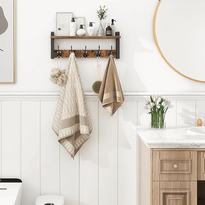 Wall Hooks with Shelf, Wood Coat Rack with Shelf Wall-Mounted, Entryway Hanging Shelves with 5 Metal Hooks for Clothes Hats Towel Purse Robes, Bathroom Mudroom Bedroom, Rustic Brown Black