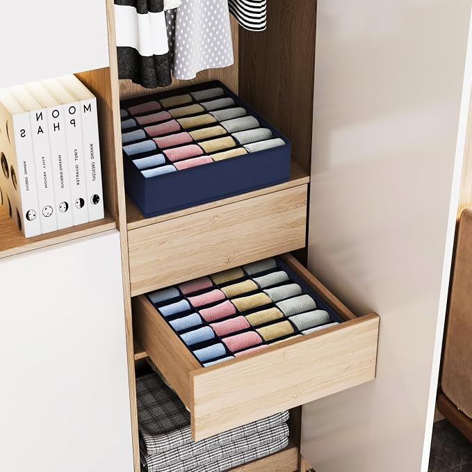 joyoldelf Sock Organizer Drawer Organizer - 2 Packs Underwear Organizer,24 Cells Collapsible Closet Organizers and Storage Sock Holders Organizers for Storing Socks, Ties, Belts(Navy Blue)