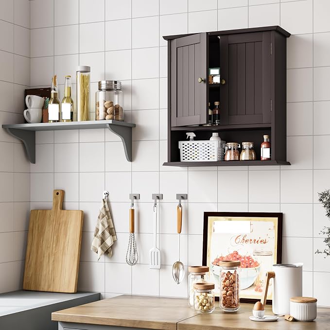 Bathroom Wall Cabinet, Over the Toilet Storage Cabinet with 2 Doors and Adjustable Shelf, Wooden Medicine Cabinet Wall Mounted, Room Space Saver for Bathroom Kitchen