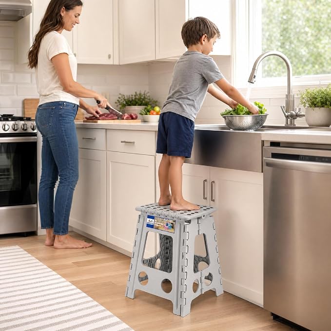 ACKO Folding Step Stool 16 Inch, 400 lbs Capacity with Safety Lock, Gray | Portable Foldable Stools with Handle, Heavy Duty Collapsible Non-Slip Foot Stool for Adults & Kids, Kitchen Bathroom Outdoor