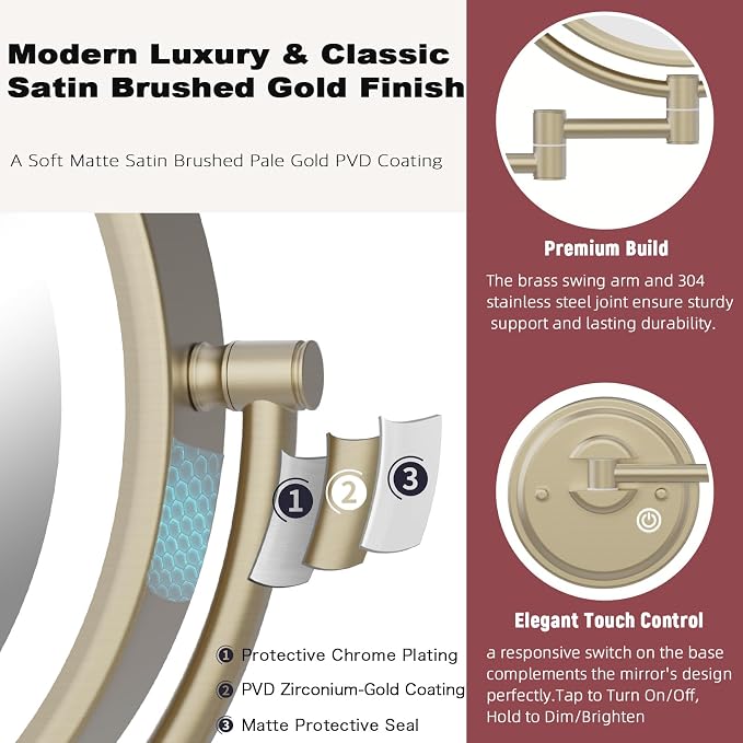 10" Plug In Brass Wall Mounted Makeup Mirror with Lights and Magnification | 2-Sided, 1X/5X Foldable Extended Arm, 360 Rotation Shaving Mirror, 3 Color LED Lighting, Touch Dimmable, Satin Brushed Gold