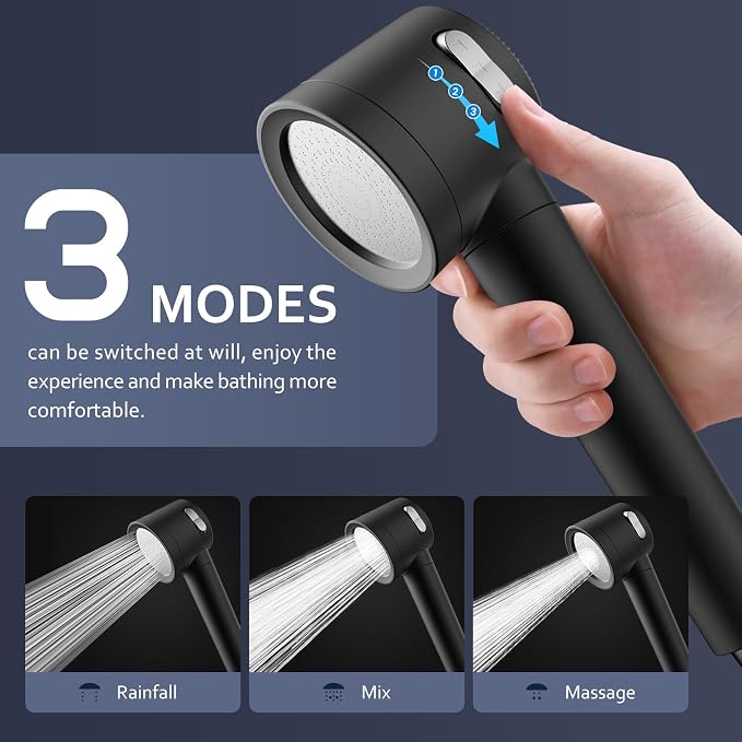 Filtered Shower Head with Handheld, High Pressure Water Flow and Multiple Spray Modes Shower Head with Filter, Power Wash for Hard Water, Showerhead with ON/OFF Switch for Pets Bath (Glossy Black) | 3 Spray,Silicone Massage Brush,Detachable Showerhead,...