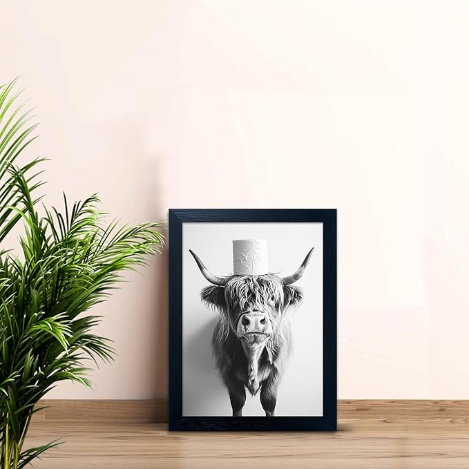 Framed Black and White Bathroom Wall Decor Highland Cow with Toilet Paper on Head Canvas Wall Art Toilet Decor Cow Pictures Wall Decor Animal Bathroom Sign Artworks for Home