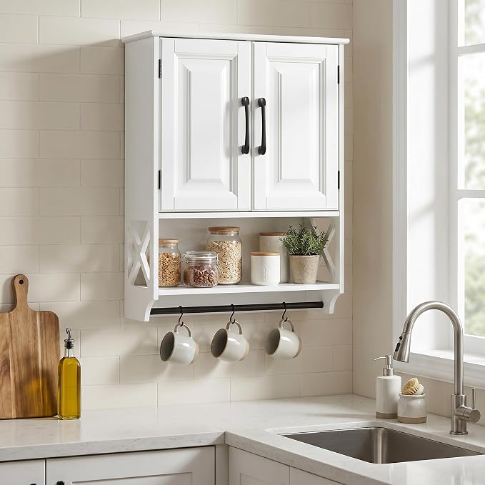 Bathroom Wall Cabinet, 25"x19" Farmhouse Wall Mounted Medicine Cabinet with 2 Raised Panel Doors, Adjustable Shelf & Towel Bar–Over Toilet Storage Organizer for Laundry Room, Entryway or Small Spaces