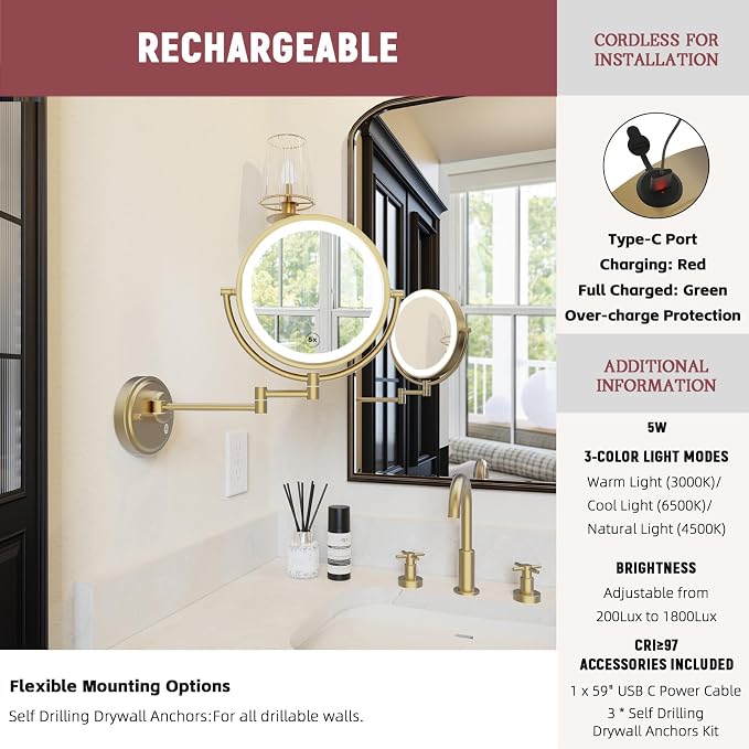 10" Plug In Extending Magnifying Mirror with Light Wall-mounted Bathroom | 2-Sided, 1/5X Vanity with Lighting, 3 Color LED Dimmable, Extension Swing Arm, Folding Adjustable, Brushed Moderne Brass