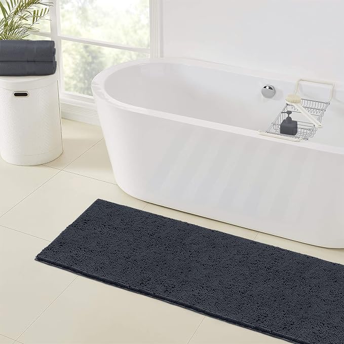 LuxUrux Runner Bath Mat-Extra-Soft Plush Bath Shower Bathroom Rug,1'' Chenille Microfiber Material, Super Absorbent Shaggy Bath Rug. Machine Wash & Dry (21 x 59 Inch, Charcoal)