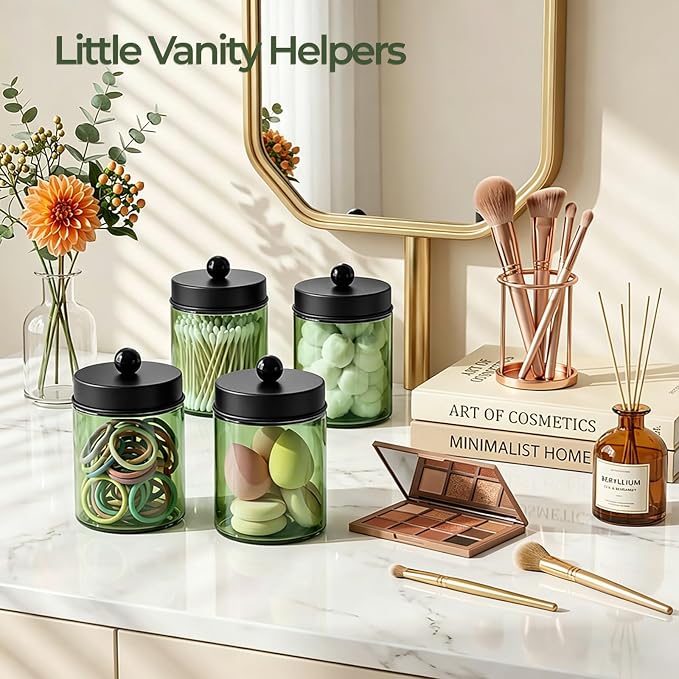 Amolliar Green Glass Apothecary Jar Qtip Holder Metal Lids 4pc/Green-black | Bathroom Decor Countertop Vanity Storage Organizer Set for q tip holder,Cotton Swabs/Rounds,Makeup Sponges,Cute Stickers
