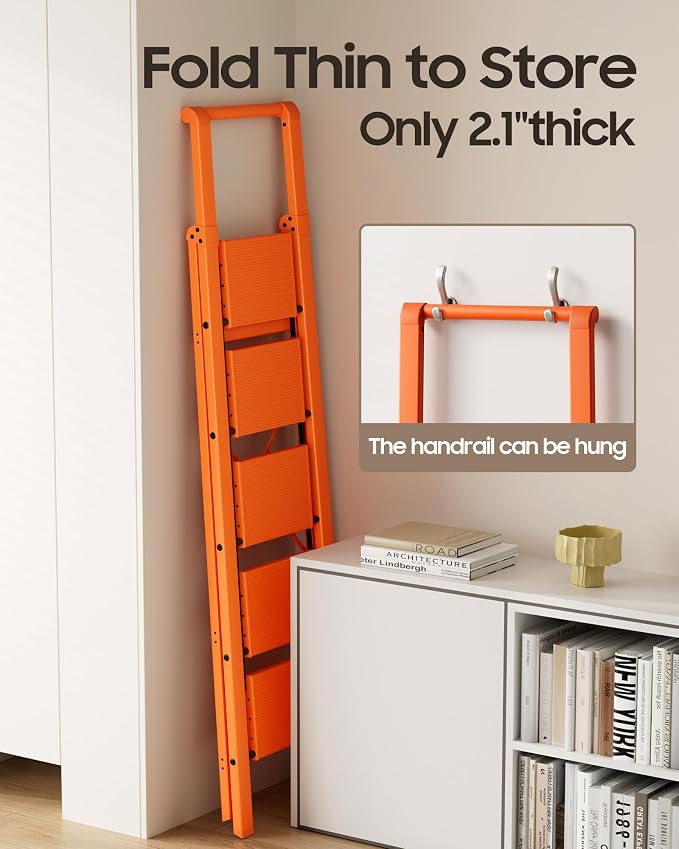 HillhutApex Aluminum 5 Step Ladder, Step Stool Foldable Ladder(Orange) | Anti-Slip Pedals,330lbs Capacity,Lightweight Folding Ladders for Home,Office,Libaray