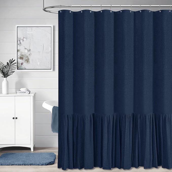 Long Linen Ruffle Farmhouse Cloth Shower Curtain, 72x78, Navy Blue | Ruffle Hem, Heavy Duty Fabric, 12 Hooks, Elegant Drape, Shabby Chic Style, Bathroom Decor, Machine Washable, Easy To Install