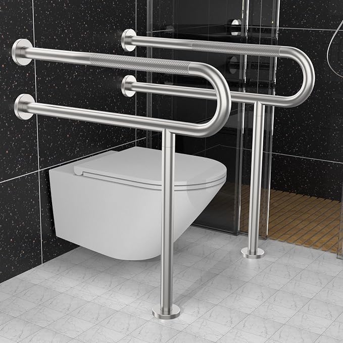 32 Inch Toilet Support Rail, Munzong Satin Brushed Nickel Handicap Grab Bar | Anti-Slip Stainless Steel Knurled Safety handrails with Leg for Bathroom Elderly Disabled Pregnant-1.25’Tube