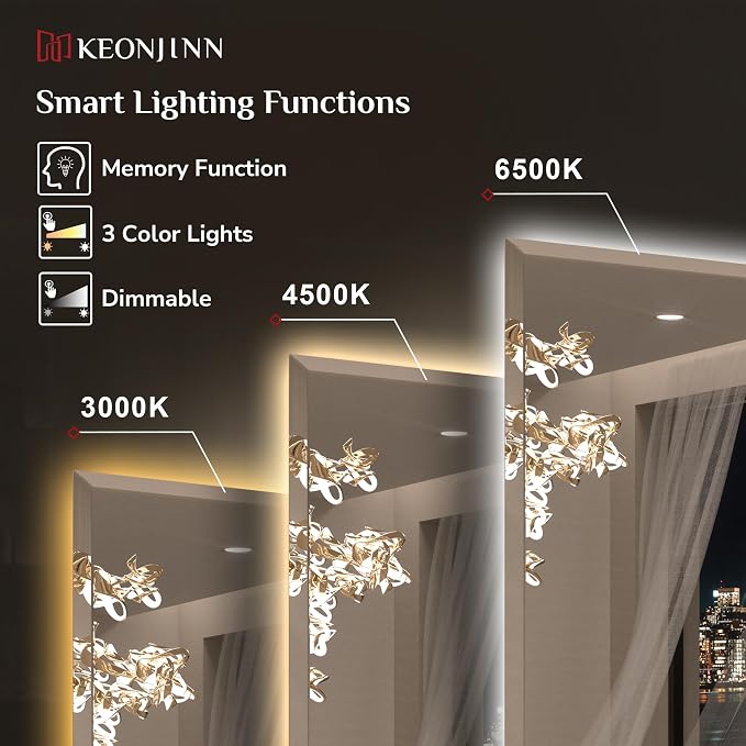 Keonjinn 42" x 36" Backlit Bathroom Mirror with Lights, Safe Tempered Glass | Beveled Edge, 3 Color Lights, Dimmable, Efficient Defogging, French Cleat, Memory Function, Lighted Bathroom Vanity Mirror