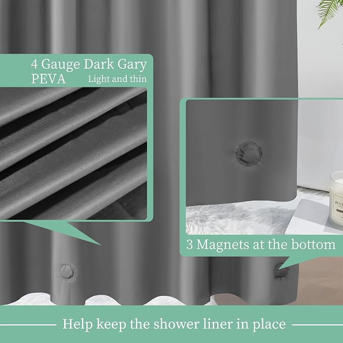Dark Gray Shower Curtain Liner with 3 Magnets, 72x72 | 12 Rustproof Grommets,Premium Plastic Shower Curtain for Bathroom Lightweight & Waterproof,72W x 72H