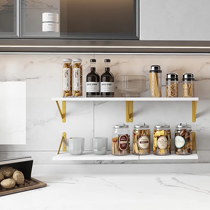 YGEOMER 4 Different Sizes Floating Shelves for Wall Decor, White and Gold | Rustic wood shelves in mixed sizes for flexible combined storage. Fits bathroom, kitchen, living room, bedroom and office.