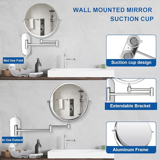 8“ Suction Cup Makeup Mirror Wall Mounted No Drilling, 1X/10X Magnifying Mirror Wall Mounted Makeup Mirror Swing Arm 360° Rotation, Wall Mount Powerful Suction Cup for Bathroom & Shaving Chrome