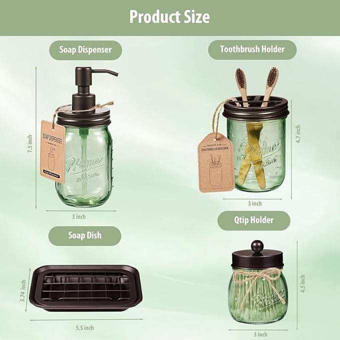 SheeChung Mason Jar Bathroom Accessories Set, 6Pcs Green Glass Bathroom Set | (Bronze) Soap Dispenser,Toothbrush Holder,2 Qtip Holders,Soap Dish,Wire Basket,Rustic Farmhouse Decor for Bathroom Countertop