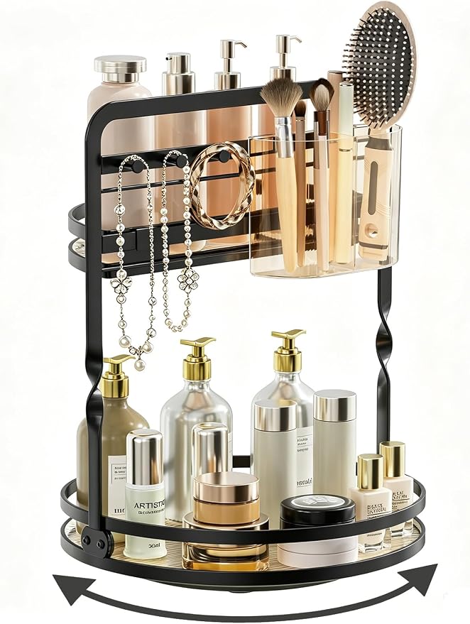 360 Rotating Makeup Vanity Organizer,Black 2-Tier Perfume Organizer | Bathroom Countertop Organizer, Lazy Susan Vanity Tray Spinning Skincare Storage with Jewelry Hooks & Makeup Brush Holder