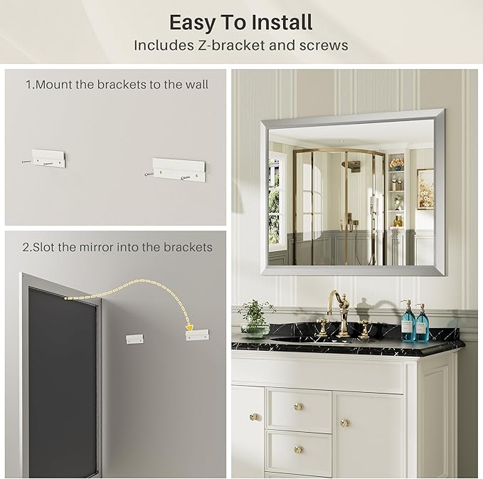 55x30 Inch Brushed Silver Bathroom Mirror for Wall, Thick Metal Framed Rectangle Mirrors for Over Sink, Bedroom, Living Room, Entryway, Anti-Rust, HD Tempered Glass