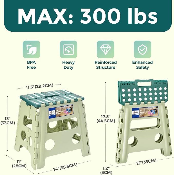 ACKO 13 Inch Folding Step Stool, Holds 300 lbs for Adults and Kids, Green | Collapsible Foldable Stools, Non-Slip Surface Heavy Duty Foot Stepping stool for Kitchen Bathroom Outdoor, Built-in Handle