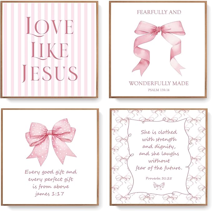 LARTSFRO Coquette Pink Bow Jesus Wall Art Decor Posters, Light Pink Bow Christian Room Bedroom Bathroom Dorm Wall Art Decor Aesthetic for Teen Girls College Gifts, Inspirational Bible Verses Bow Wall Decor, 10x10 Inch Set of 4 Bow Pictures (UNFRAMED)