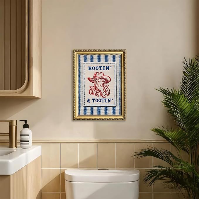 Funny Cowgirl Bathroom Wall Art Cute Western Cowboy Wall Decor Picture Vintage Rustic Rootin And Tootin Striped Restroom Poster Canvas Painting Print 12x16 inch Gold Framed
