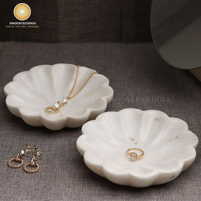 SWADESHI BLESSINGS HandMade Marble Jewelry Tray, Trinket Dish, Catch-all,5" | 100% Natural Marble Bowl- Organizes Rings, Earrings, Bracelets & Keys, Gift-Ready for Mother Sister Daughter on all Occasions