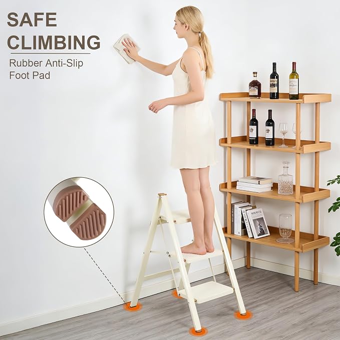 Valeo 3 Step Ladder,Lightweight Folding Step Stool with Wide Anti-Slip Pedal, 330LBS Capacity, Heavy Duty,Sturdy Iron Metal Step Stool for Home, Kitchen, Closet, Adults, Cream White