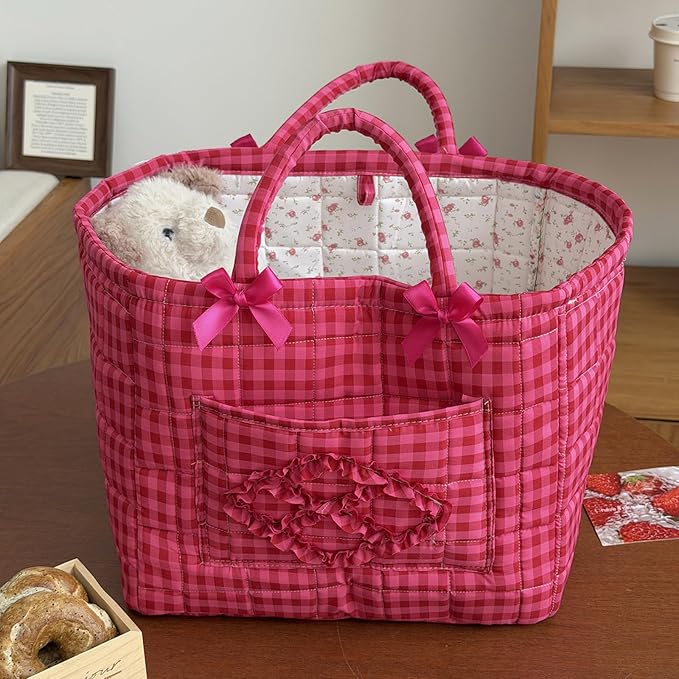Storage Basket Boho Fabric Large Collapsible Floral Laundry Nursery Hamper Portable Folding Storage for Clothes Toys (Rose Red Plaid)