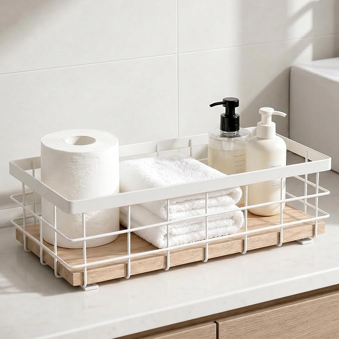 TJ.MOREE Small Metal Wire Basket, Decorative Wood Base Organizer for Bathroom, Kitchen, Basket for Toilet Paper Storage, Sugar Packet, Coffee Syrup, Guest Towel Napkin, White