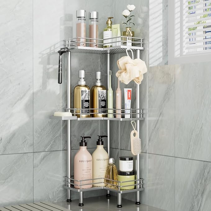 Consumest Corner Shower Caddy Standing - 3-Tier Stainless Steel Shower Organizer with Soap Holder and 4 Hooks, Large Capacity Corner Shelf Stand for Bathroom, Rest Room, Silver