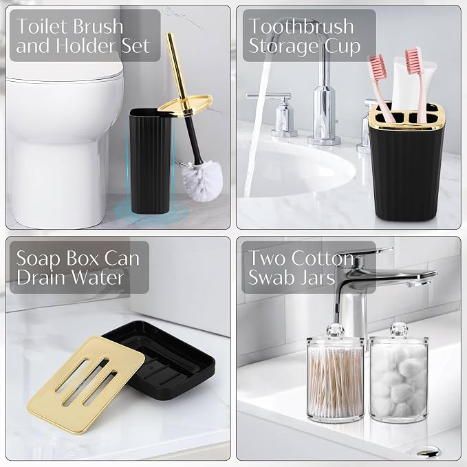 Bathroom Set, Black Bathroom Set Black and Gold Bathroom Accessories Set with Trash Can, 3PCS Soap Dispenser Bathroom Sets