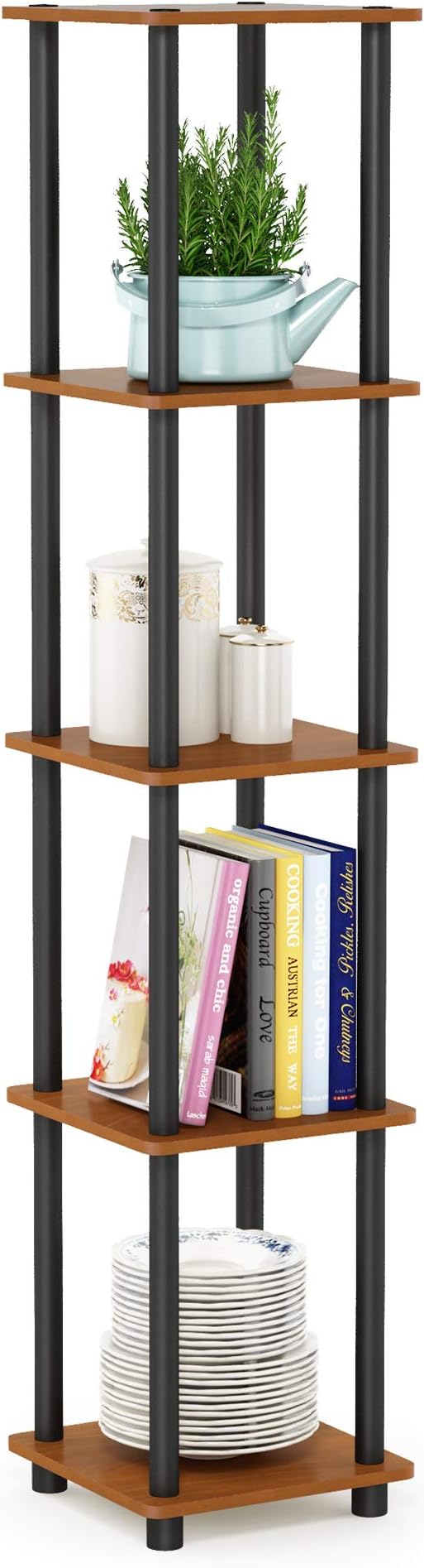 FURINNO Turn-N-Tube 5-Tier Corner Square Rack Display Shelf, Round, Light Cherry/Black