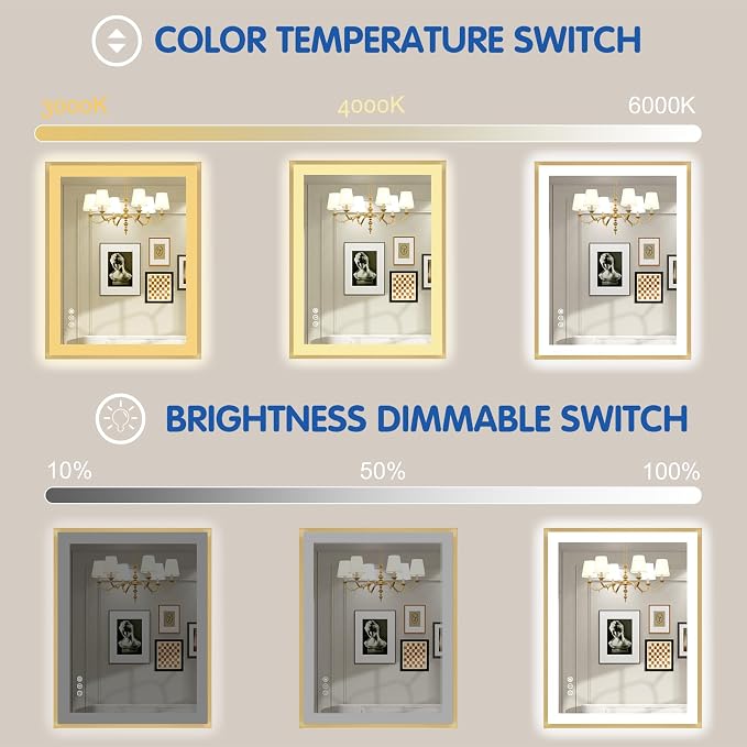 24x32 Inch LED Bathroom Mirror with Gold Frame | Gold Metal Frame, Front and Backlit, 3 Colors, Dimmable, Memory, Anti Fog, Tempered Glass, Lighted Mirror for Wall