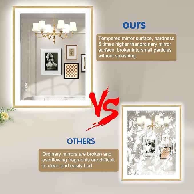 60x28 Inch LED Bthroom Mirror with Gold Frame | Gold Metal Frame, Front and Backlit, 3 Colors, Dimmable, Memory, Anti Fog, Tempered Glass, Lighted Mirror for Wall