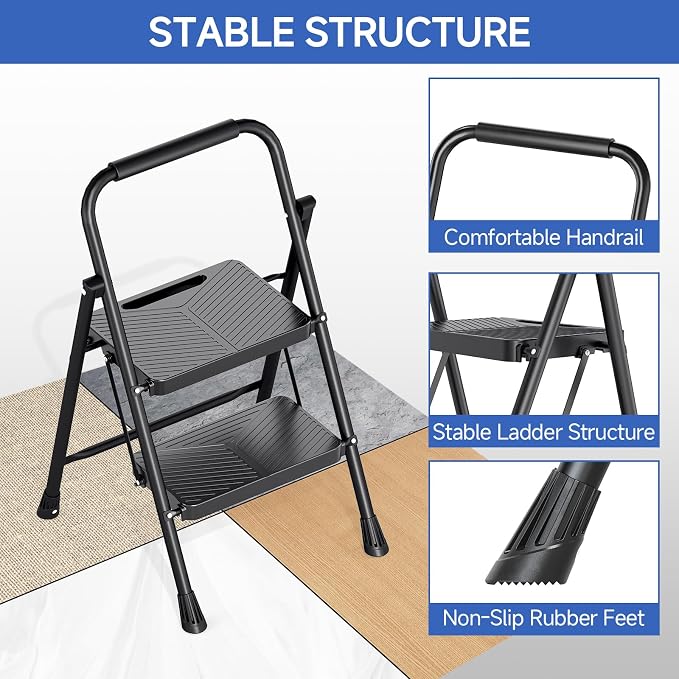 KINGRACK 2 Step Ladder, Portable Folding Ladder with Anti-Slip Pedals | Heavy Sturdy Steel Step Stool for Multi-Purpose, Home, Kitchen, Handrail, Safe-Lock Design, Pass 500lbs Load Testing, Black