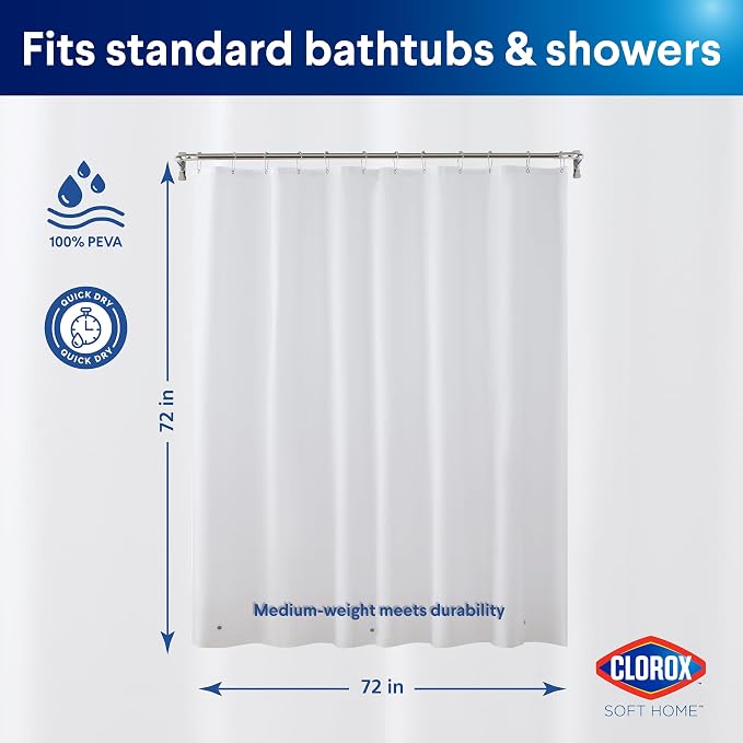 Clorox Shower Curtain Liner, Premium Medium-Weight Flexible Waterproof 6g PEVA for Bathroom with Weighted Magnets, Standard Size 72" x 72", White 2 Pack