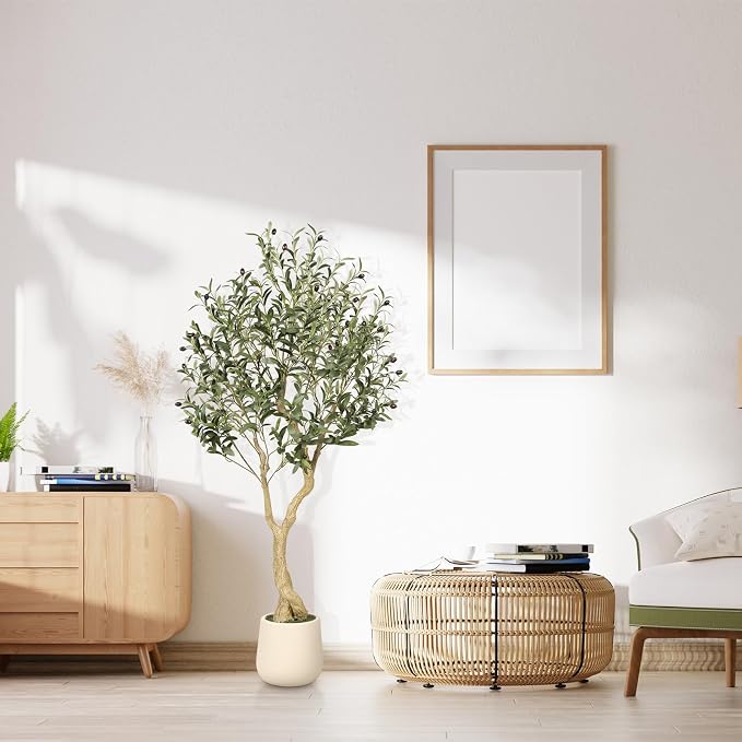 5ft Olive Trees Artificial Indoor with White Tall Exquisite Planter | Realistic Faux Olive Tree with Thick Trunk and Lifelike Leaves - Large Fake Olive Tree 5 Feet for Home Office Decor