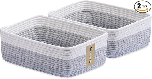 MiniArk Large Shallow Organizing Baskets 15x11x5.1 Inches - Rope Woven Storage Bins for Bathroom, Shelves, Cube Closet, Gradient Grey 2 Packs