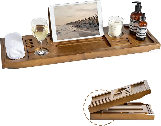 Bamboo Bathtub Tray Caddy, Adjustable 28.5-40", Walnut Finish | Splash Proof, Non Slip Grip, Wine Glass Holder, Tablet Book Stand, Spa Bath Essentials Organizer