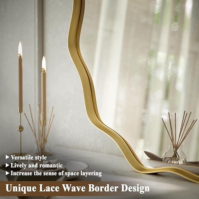 Gold Scalloped Circle Mirror, 20" Wavy Edge Round Wall Mirror | Tempered Glass Textured Circular Metal Deep Frame, Hanging Leaning for Bathroom, Hallway, Entryway, Living Room