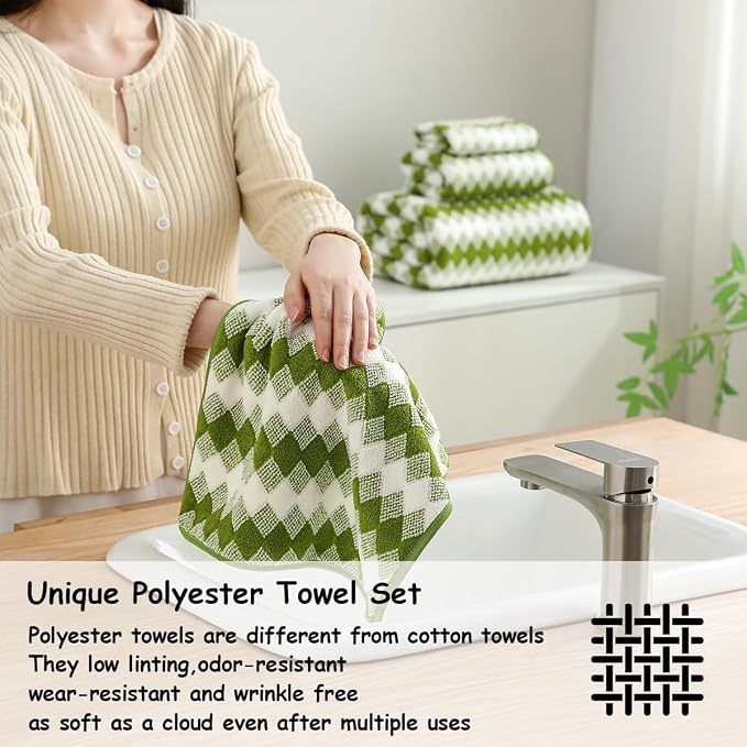 12 Pcs Dark Green White Diamond Towel Set-4 Bath Towels,4 Hand Towels,4 Washcloths Soft Polyester Bath Towel with Loop Absorbent Shower Towel Quick Dry Family Towels for Bathroom Spa Gym