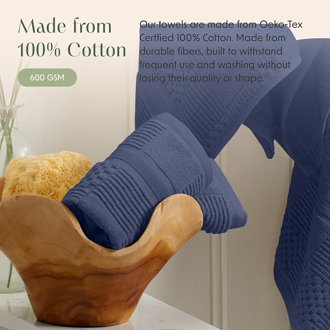 100% Cotton Bath Towel Set | 4-Pack | Textured | Indigo | Luxury Geometric Design | Absorbent & Quick-Dry Bathroom Towels | Textured and Durable Cotton Towels for Bathroom | OEKO-TEX