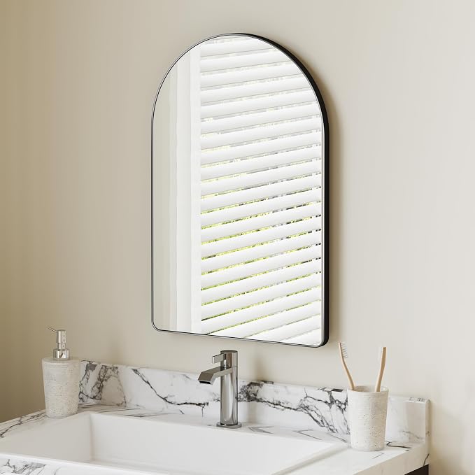 Arched Bathroom Mirror 15"x23", Black, Tempered Glass | arch bathroom mirror black wall mounted vanity tempered glass metal frame bedroom entryway living room