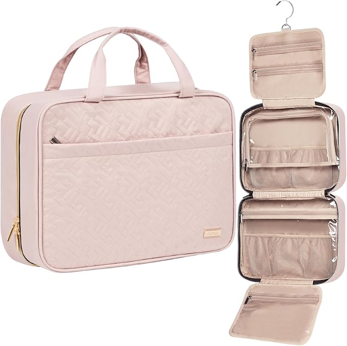 NISHEL Travel Toiletry Bag for women, Portable Hanging Organizer for Family-Sized Shampoo, Conditioner, Brushes Set, Makeup Accessories, Extra Large Size, Pink | for Travel-Sized Shampoo, Conditioner, Brushes Set, makeup Accessories, Extra Large Size, ...