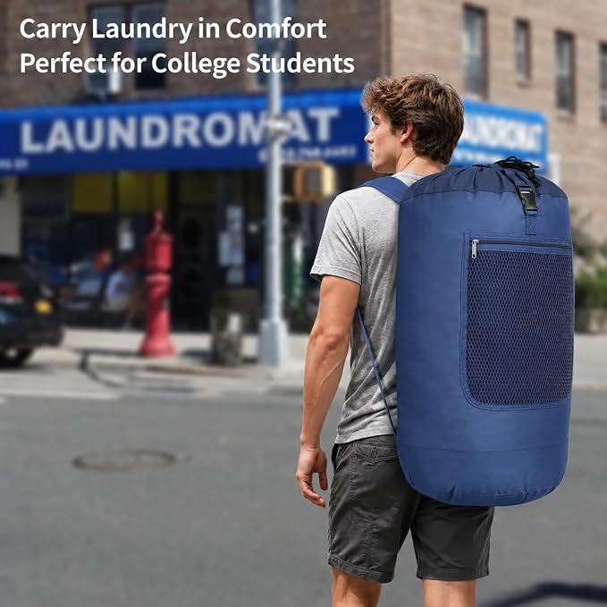F-color Laundry Backpack for College, 115L Laundry Bag, Dark Blue | Wide Shoulder Straps, Mesh Zipper Pocket, Drawstring Closure, Heavy-Duty, Dorm Room Essentials, Laundromat, Camping